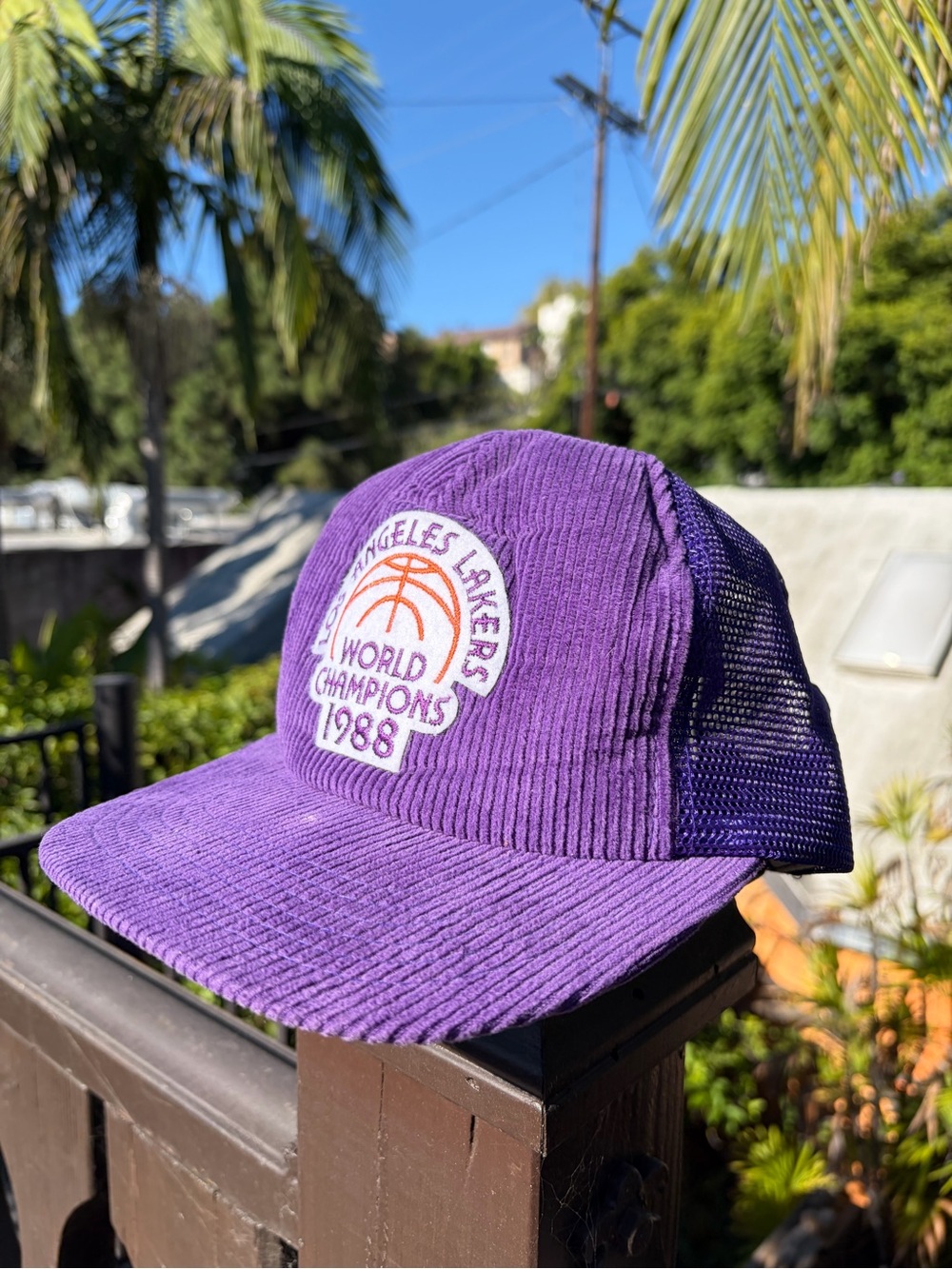 Vtg 1988 LA Lakers Purple Corduroy Mesh Snapback